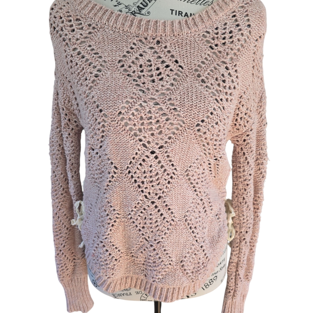 American Rag‎ Light Pink Crochet Sweater With Adorable Lace Up Side Detail
